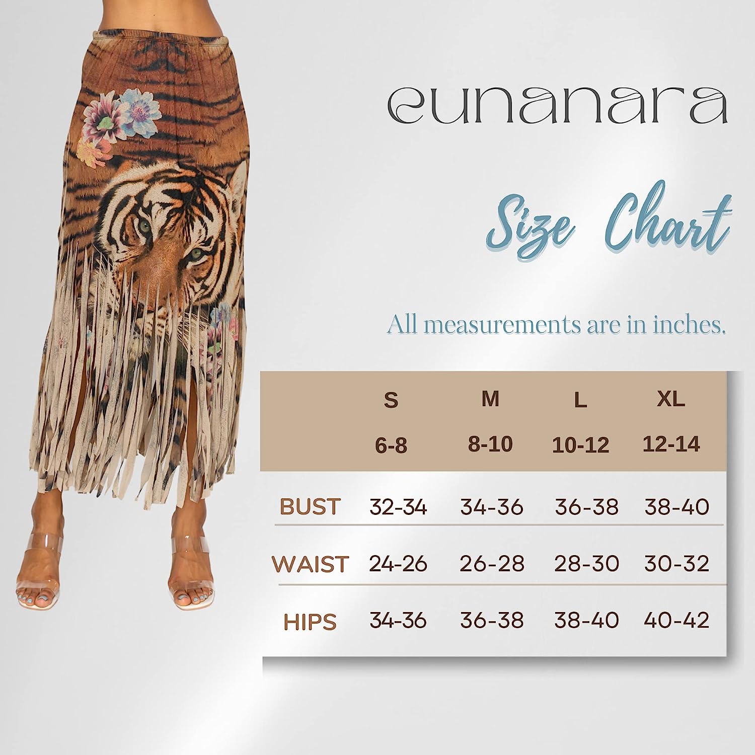 EUNANARA Women’s Asymmetrical Fringe Skirts – High Waisted Elastic Waist Printed Boho Stretch Casual Midi Skirt Made in USA - Image 8